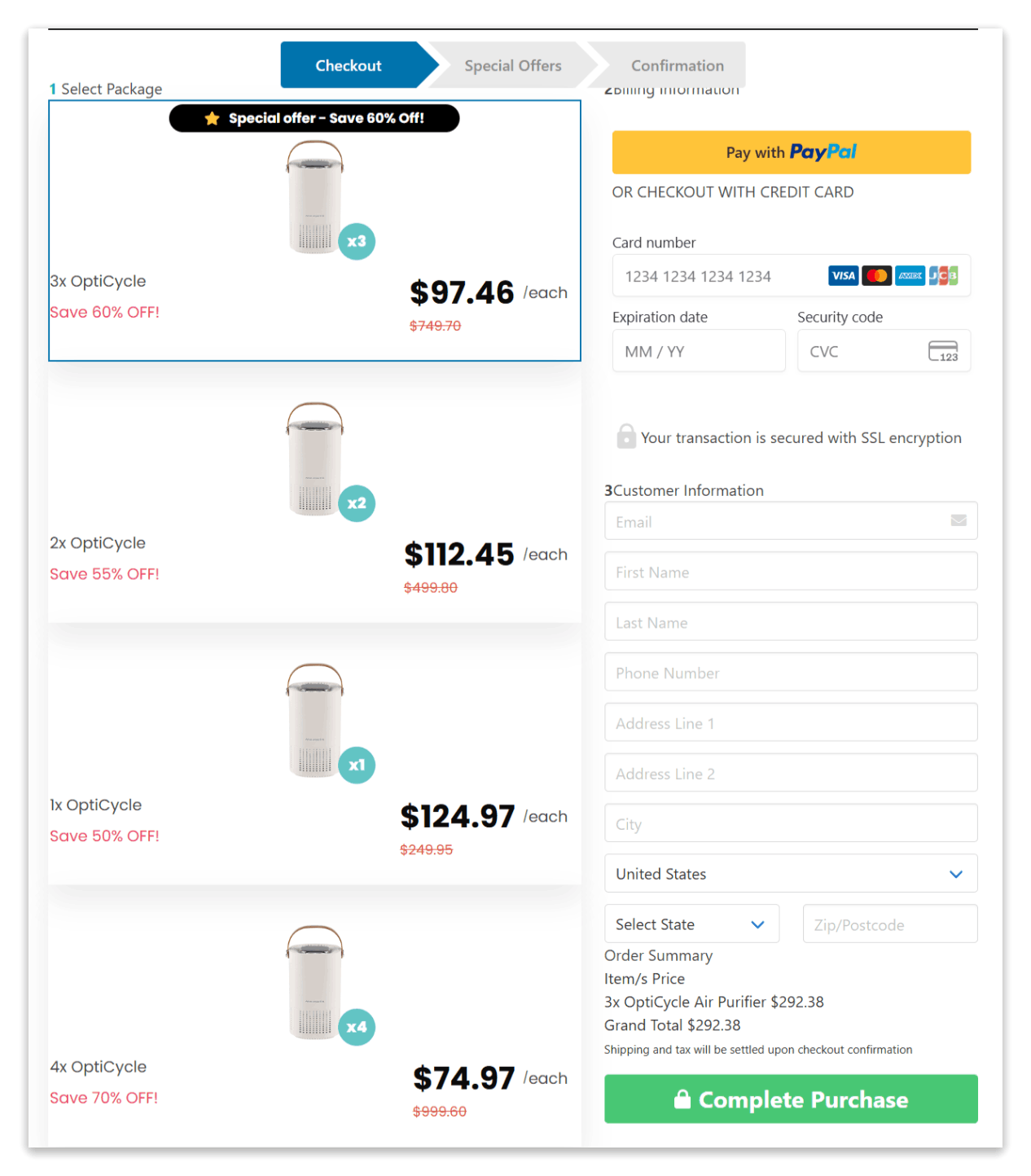 OptiCycle secure checkout page